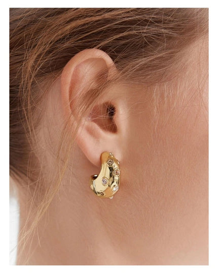 Rouge Orbit – Sculpted Gold & Garnet Gemstone Huggies in Solid Stainless Steel with 18K Gold Plate