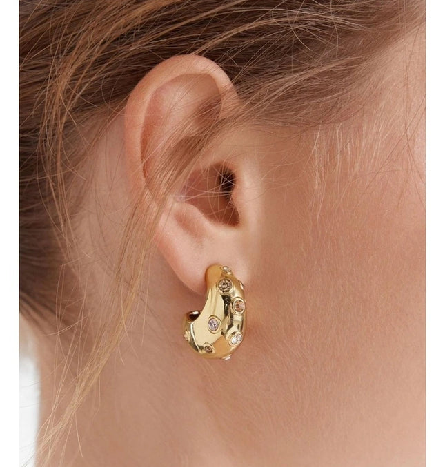 Rouge Orbit – Sculpted Gold & Garnet Gemstone Huggies in Solid Stainless Steel with 18K Gold Plate
