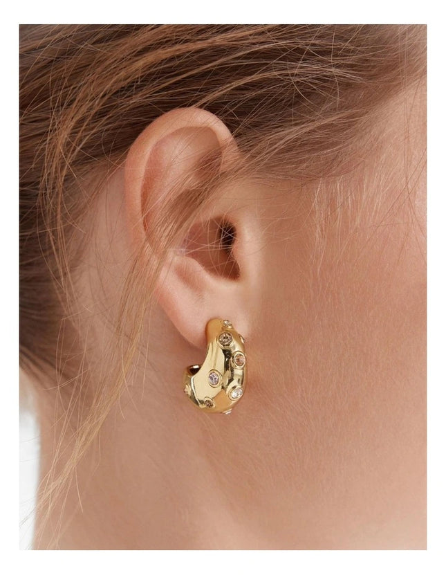 Rouge Orbit – Sculpted Gold & Garnet Gemstone Huggies in Solid Stainless Steel with 18K Gold Plate