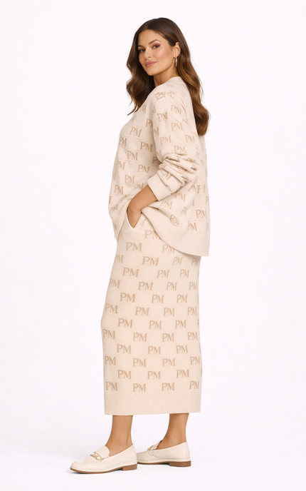 The PM Sandstone Monogram V-Neck Cardigan