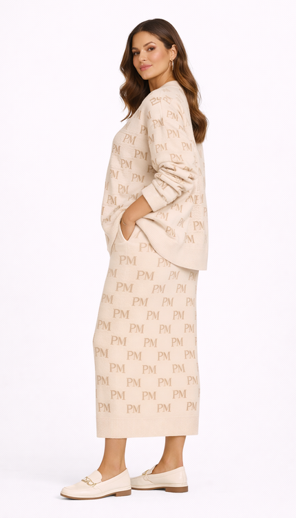 The PM Sandstone Monogram V-Neck Cardigan