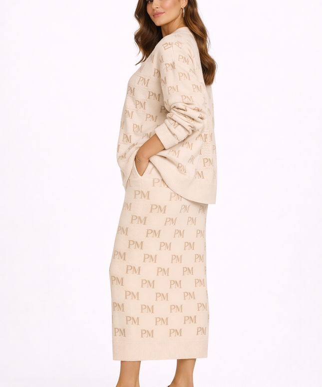 The PM Sandstone Monogram V-Neck Cardigan