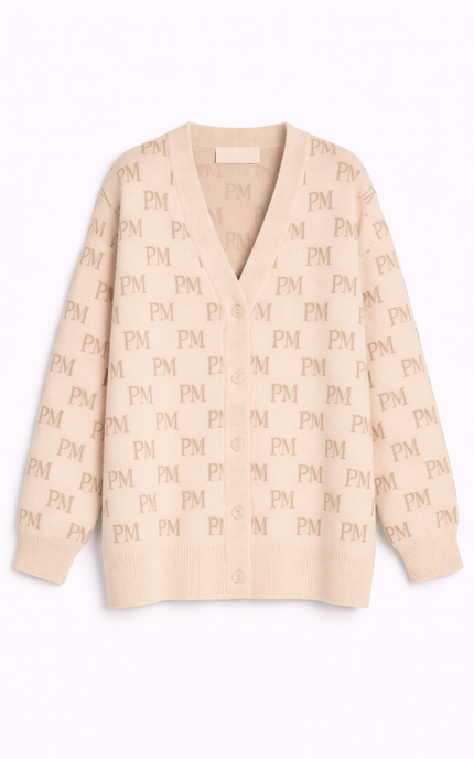The PM Sandstone Monogram V-Neck Cardigan