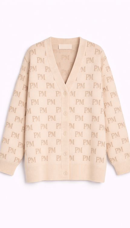 The PM Sandstone Monogram V-Neck Cardigan