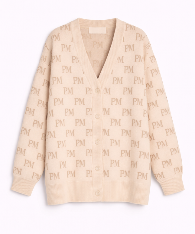 The PM Sandstone Monogram V-Neck Cardigan