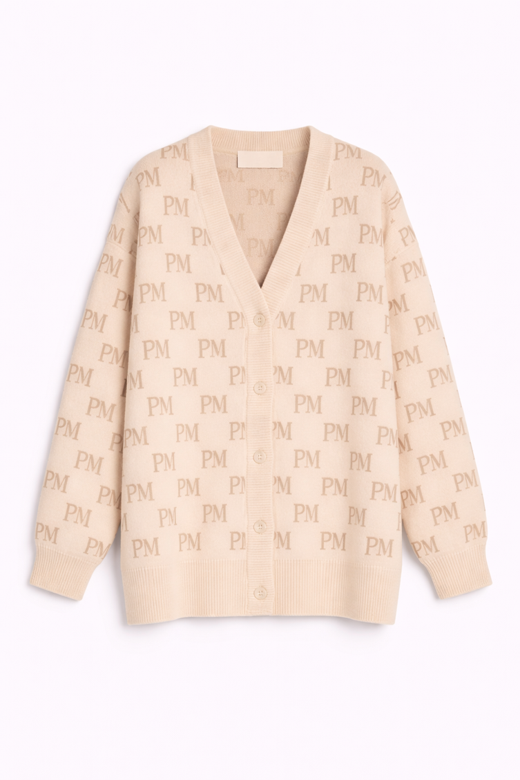 The PM Sandstone Monogram V-Neck Cardigan