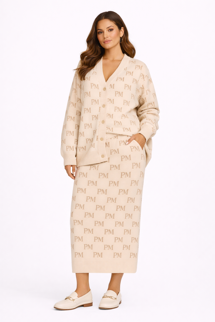 The PM Sandstone Monogram V-Neck Cardigan