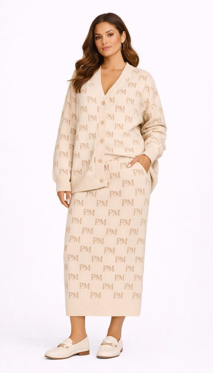 The PM Sandstone Monogram Knit Column Skirt