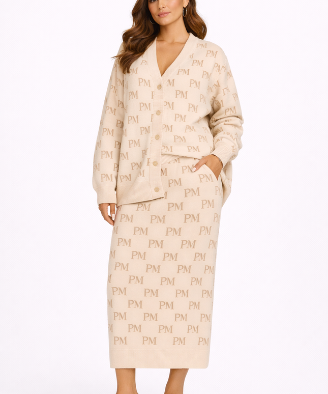 The PM Sandstone Monogram Knit Column Skirt