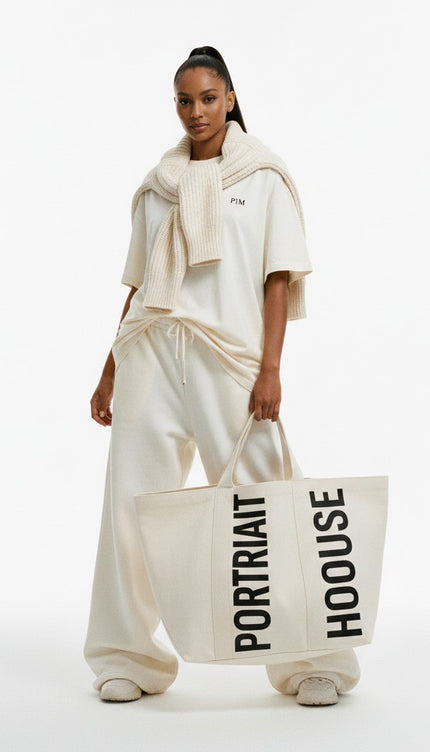PORTRAIT HOOOUSE Oversized Canvas Tote – Ivory/Black