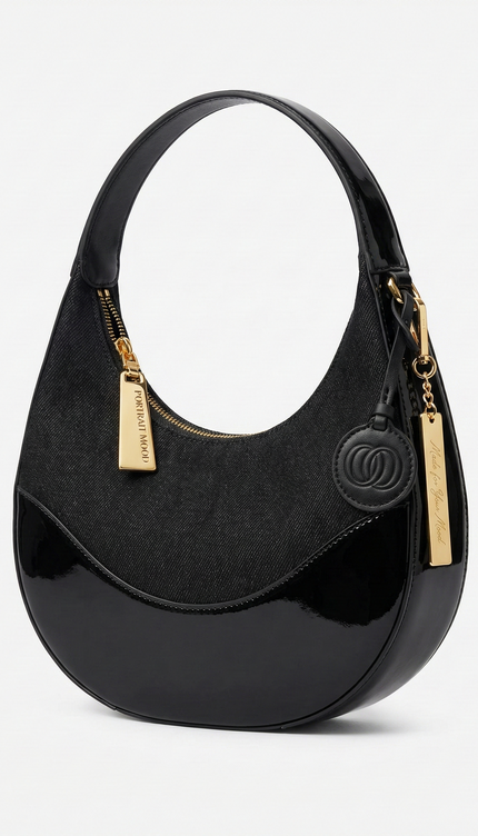 The P|M Eclipse Denim & Patent Moon Bag - Noir Edition