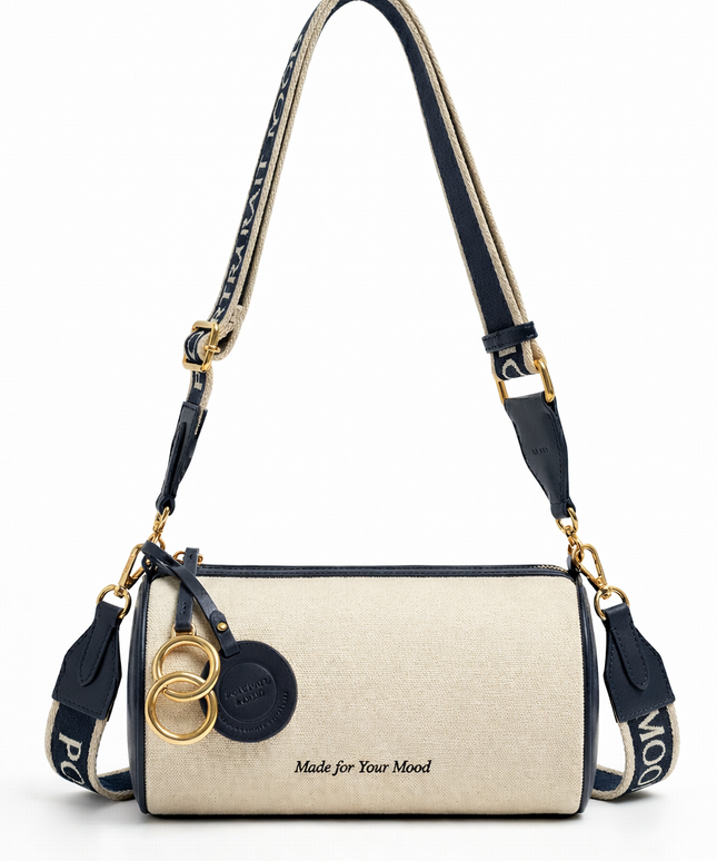 The P|M Cylinder Script Barrel Bag - Navy & Cream Edition