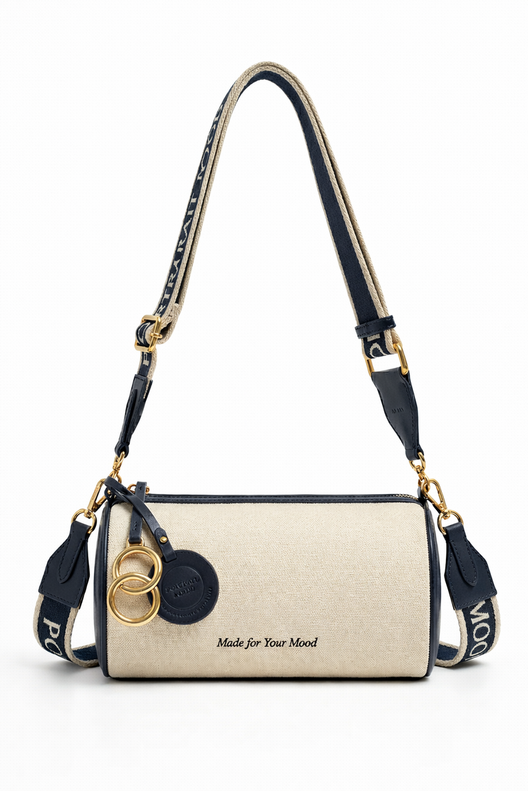 The P|M Cylinder Script Barrel Bag - Navy & Cream Edition