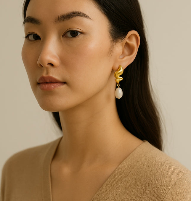 MUSE DROP EARRINGS – GOLD & PEARL In Solid Non-Tarnish Stainless Steel With 18K Gold-Plate