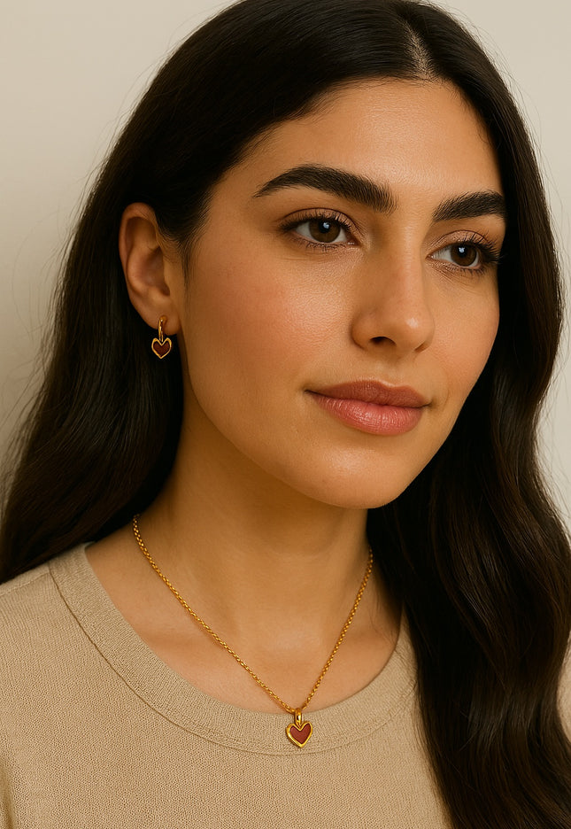 Crimson Love Necklace – A Timeless Heart in Gold & Deep Red