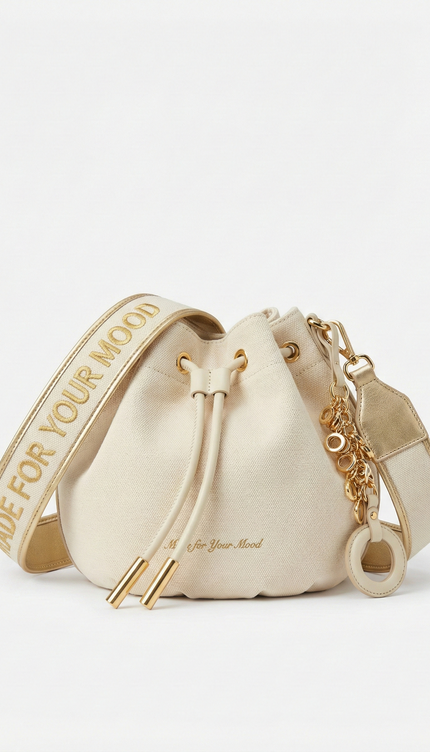 The P|M Aura Script Bucket Bag - White & Gold Edition