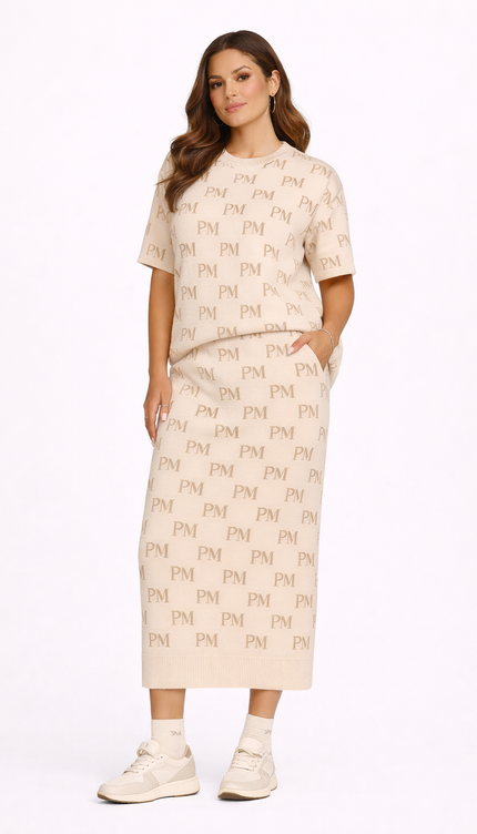 The PM Sandstone Monogram Knit Column Skirt