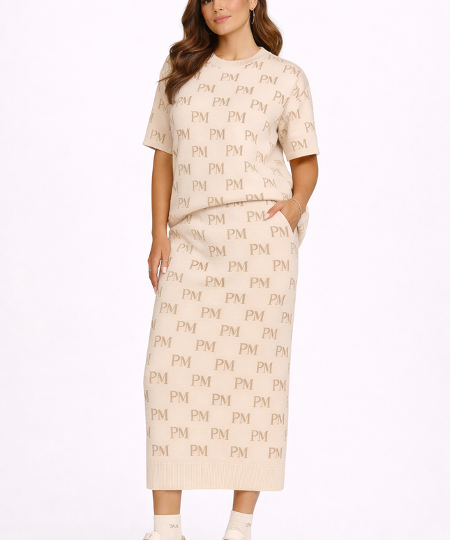 The PM Sandstone Monogram Knit Column Skirt