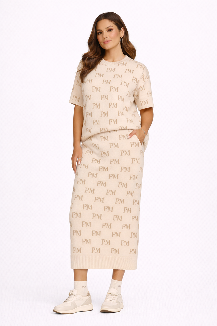 The PM Sandstone Monogram Knit Column Skirt