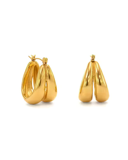 Golden Echo Hoops – The Bold Double Drop In Solid Non-Tarnish Stainless Steel With 18K Gold-Plate