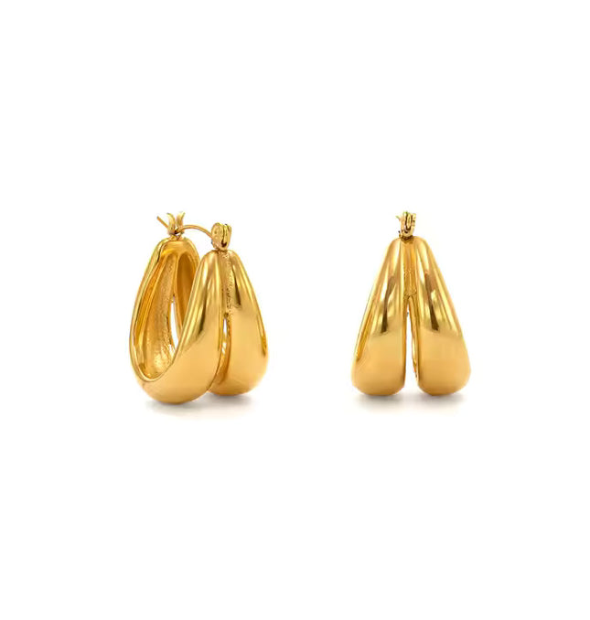 Golden Echo Hoops – The Bold Double Drop In Solid Non-Tarnish Stainless Steel With 18K Gold-Plate