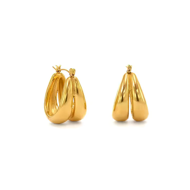 Golden Echo Hoops – The Bold Double Drop In Solid Non-Tarnish Stainless Steel With 18K Gold-Plate
