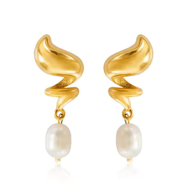 MUSE DROP EARRINGS – GOLD & PEARL In Solid Non-Tarnish Stainless Steel With 18K Gold-Plate
