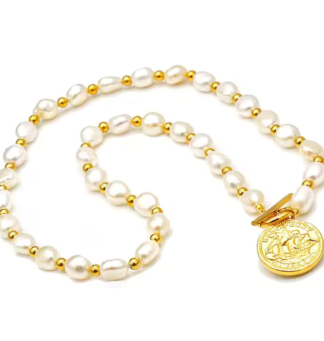 Gilded Voyage – Freshwater Pearl & Gold Medallion Necklace