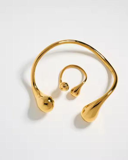 FLUID AURA BRACELET & ADJUSTABLE RING SET In Solid Stainless Steel With 18K Gold-Plate