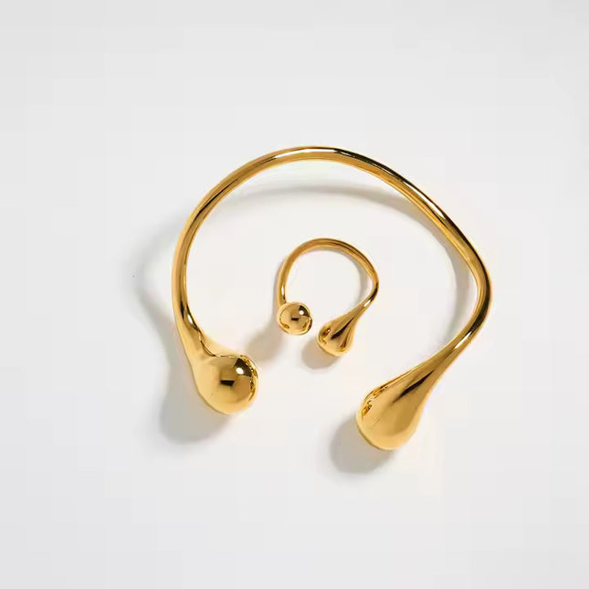 FLUID AURA BRACELET & ADJUSTABLE RING SET In Solid Stainless Steel With 18K Gold-Plate
