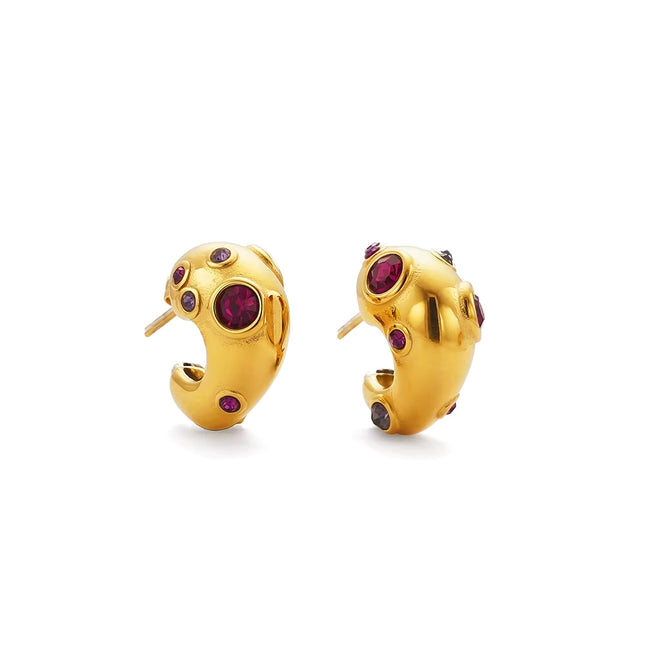 Rouge Orbit – Sculpted Gold & Garnet Gemstone Huggies in Solid Stainless Steel with 18K Gold Plate