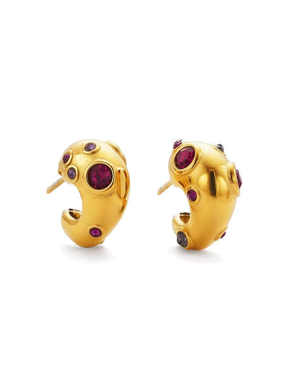 Rouge Orbit – Sculpted Gold & Garnet Gemstone Huggies in Solid Stainless Steel with 18K Gold Plate