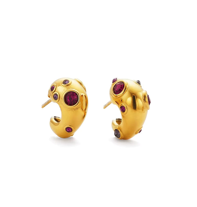 Rouge Orbit – Sculpted Gold & Garnet Gemstone Huggies in Solid Stainless Steel with 18K Gold Plate