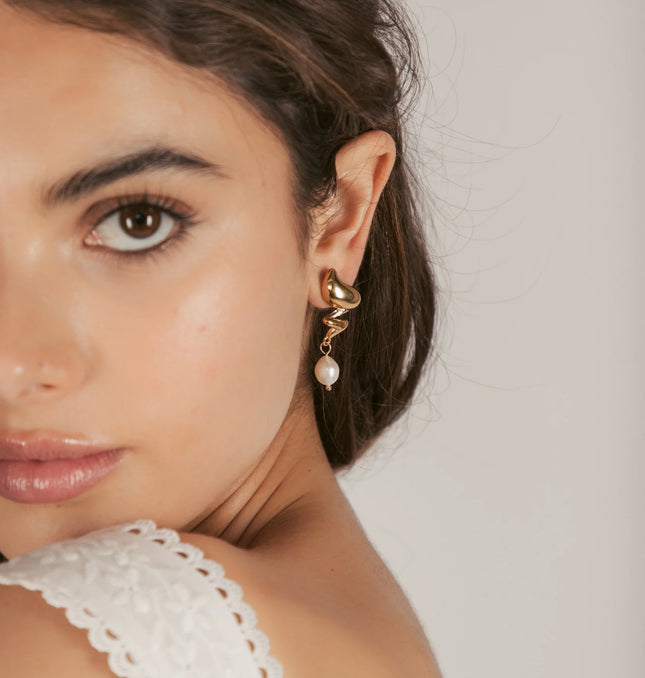 MUSE DROP EARRINGS – GOLD & PEARL In Solid Non-Tarnish Stainless Steel With 18K Gold-Plate