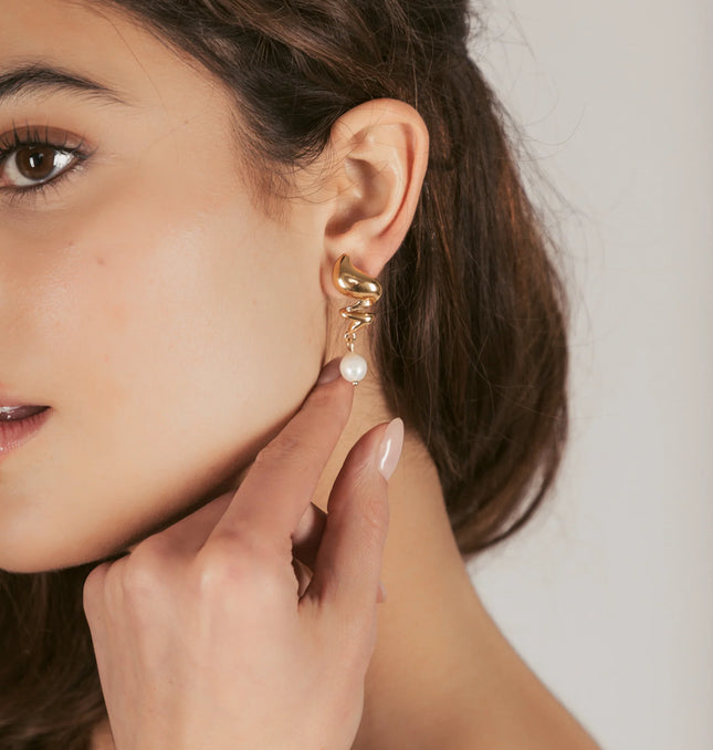 MUSE DROP EARRINGS – GOLD & PEARL In Solid Non-Tarnish Stainless Steel With 18K Gold-Plate