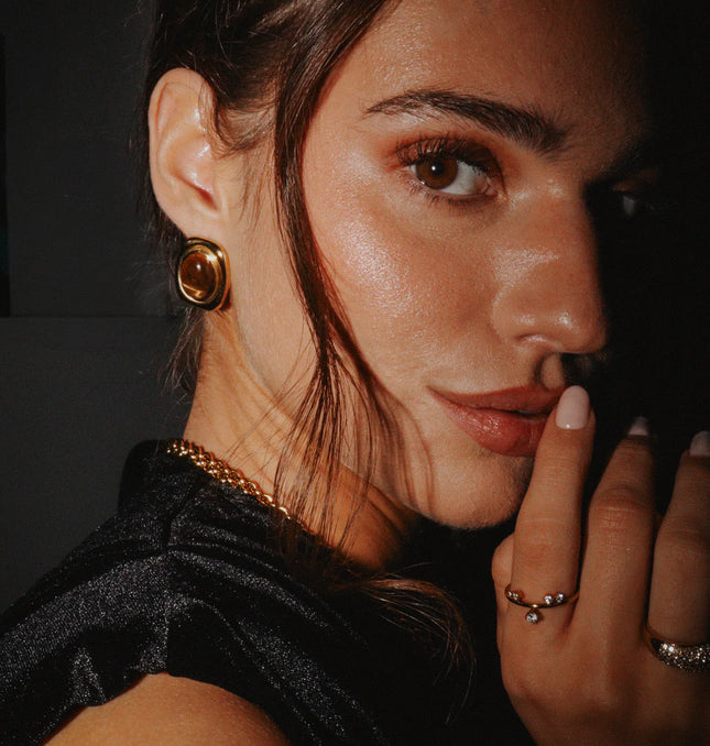 Vintage Stone Luxe Stud Earrings In Solid Stainless Steel 18K Gold-Plate