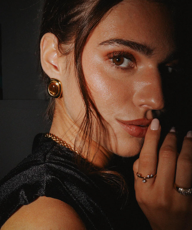 Vintage Stone Luxe Stud Earrings In Solid Stainless Steel 18K Gold-Plate