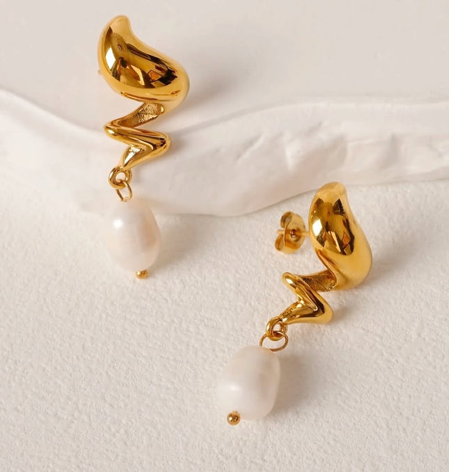 MUSE DROP EARRINGS – GOLD & PEARL In Solid Non-Tarnish Stainless Steel With 18K Gold-Plate