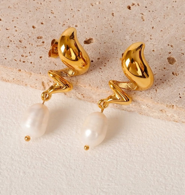 MUSE DROP EARRINGS – GOLD & PEARL In Solid Non-Tarnish Stainless Steel With 18K Gold-Plate