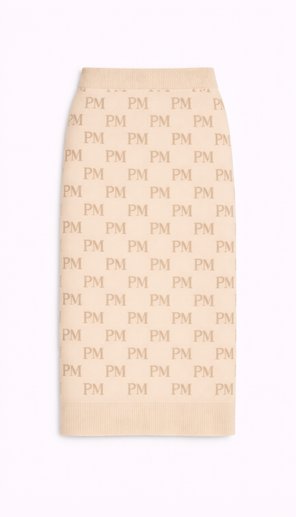 The PM Sandstone Monogram Knit Column Skirt