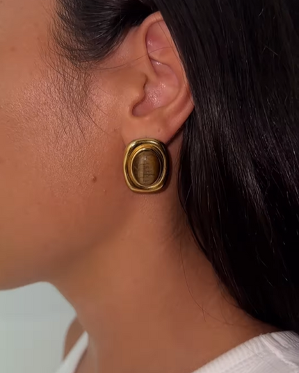 Vintage Stone Luxe Stud Earrings In Solid Stainless Steel 18K Gold-Plate