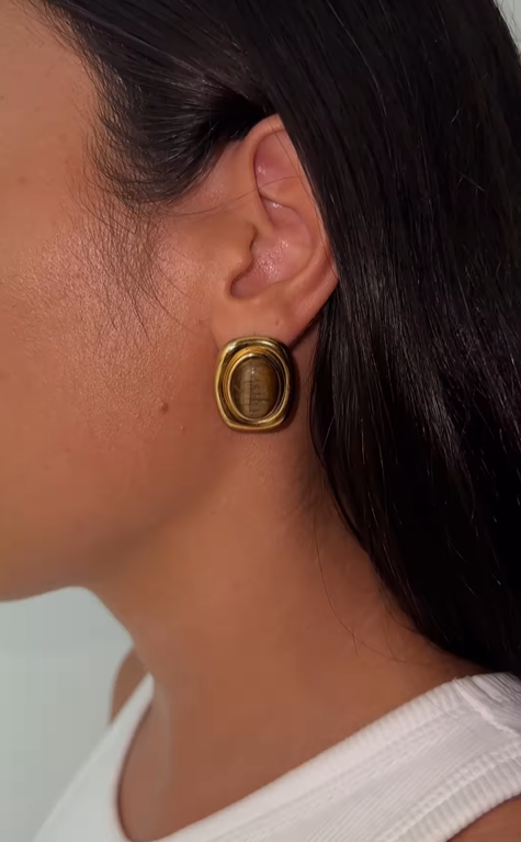 Vintage Stone Luxe Stud Earrings In Solid Stainless Steel 18K Gold-Plate