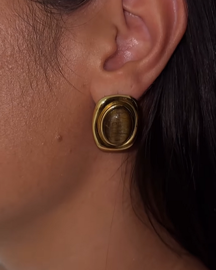 Vintage Stone Luxe Stud Earrings In Solid Stainless Steel 18K Gold-Plate
