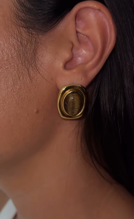 Vintage Stone Luxe Stud Earrings In Solid Stainless Steel 18K Gold-Plate