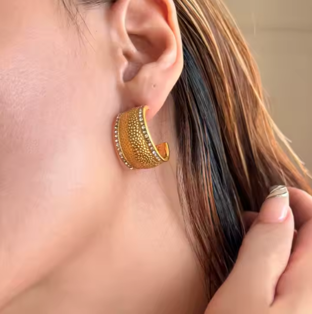 Royal Ember Luxe Hoop Earrings – Textured Glamour, Eternal Shine In Solid Stainless Steel 18K Gold-Plate