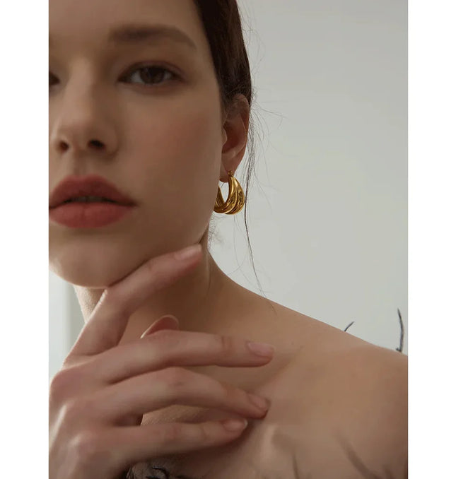 Golden Echo Hoops – The Bold Double Drop In Solid Non-Tarnish Stainless Steel With 18K Gold-Plate