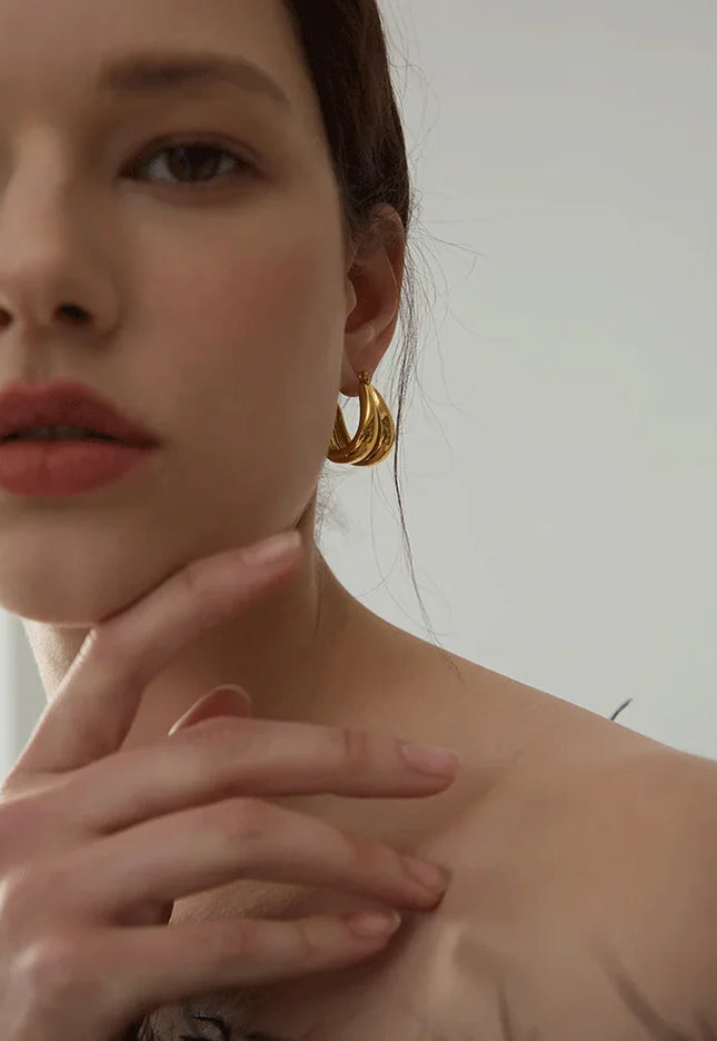 Golden Echo Hoops – The Bold Double Drop In Solid Non-Tarnish Stainless Steel With 18K Gold-Plate