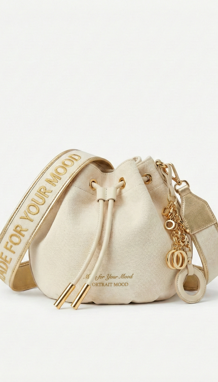 The P|M Aura Script Bucket Bag - White & Gold Edition