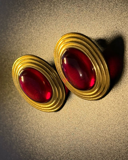 ROYAL OVAL STUDS - DIAMOND RED DAME EARRINGS WITH 18K GOLD PLATE