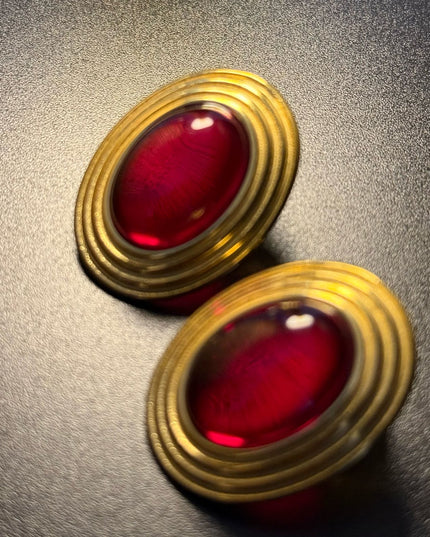 ROYAL OVAL STUDS - DIAMOND RED DAME EARRINGS WITH 18K GOLD PLATE